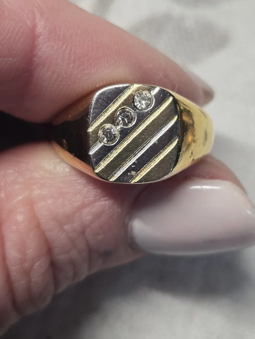 Gold Eletroplated Men’s Signet Ring with Three Stone Accents